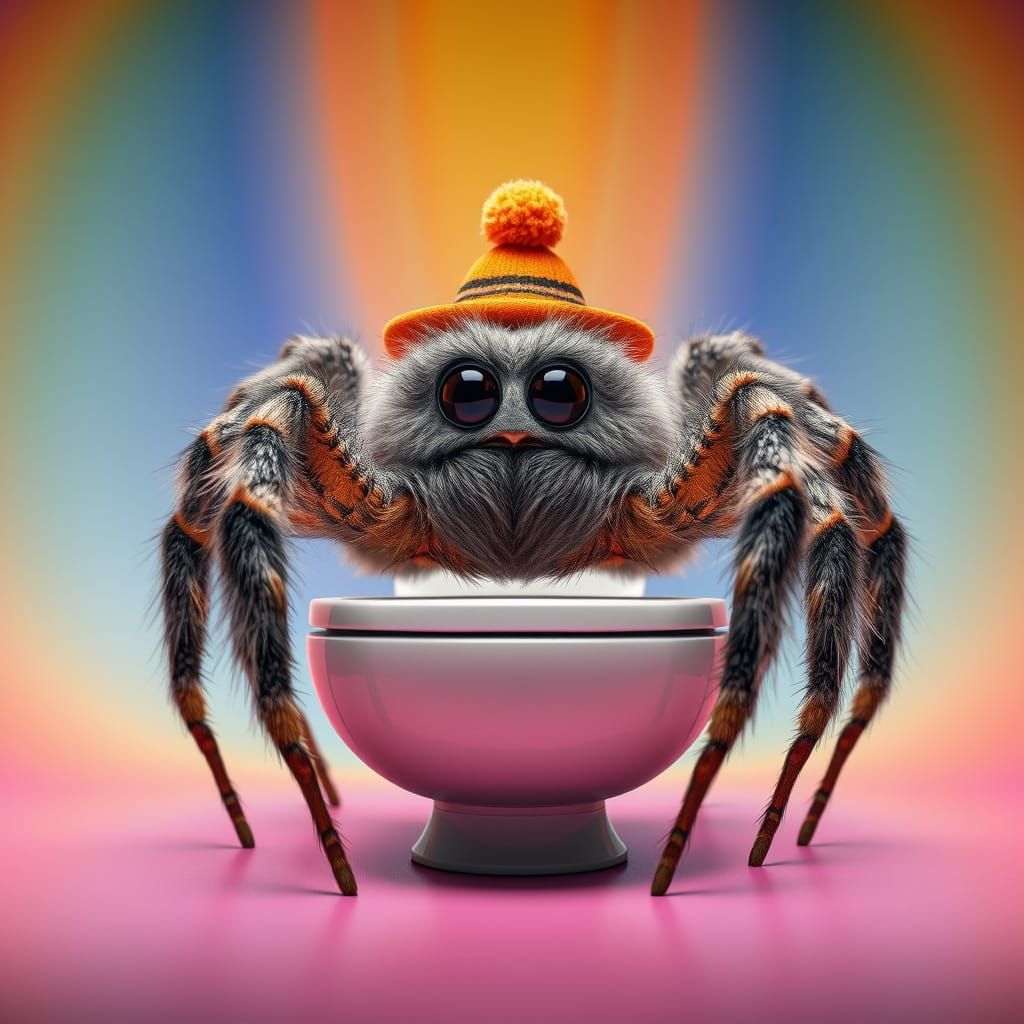 Whimsical Spider Sits on Toilet in Vibrant, Detailed 3D Art