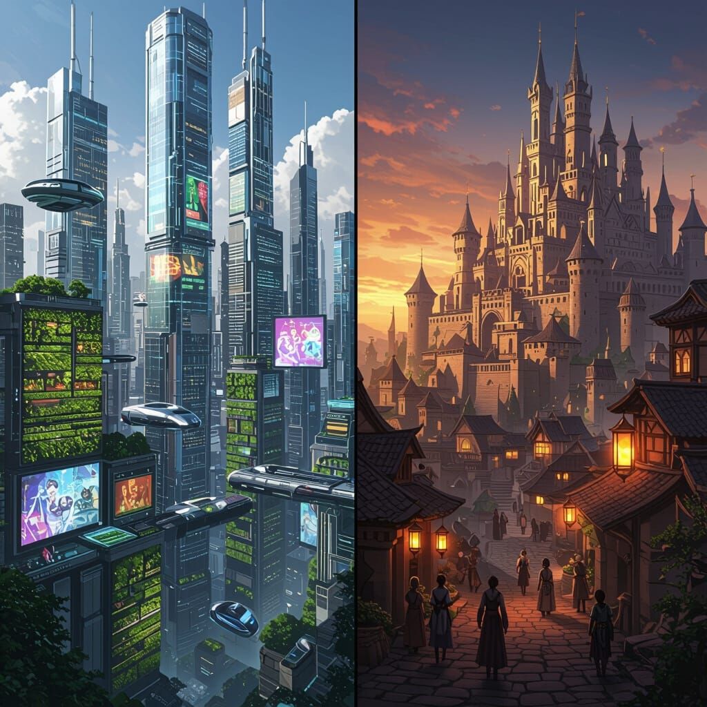 Futuristic City Meets Ancient Fantasy: Anime-Inspired 3D Art