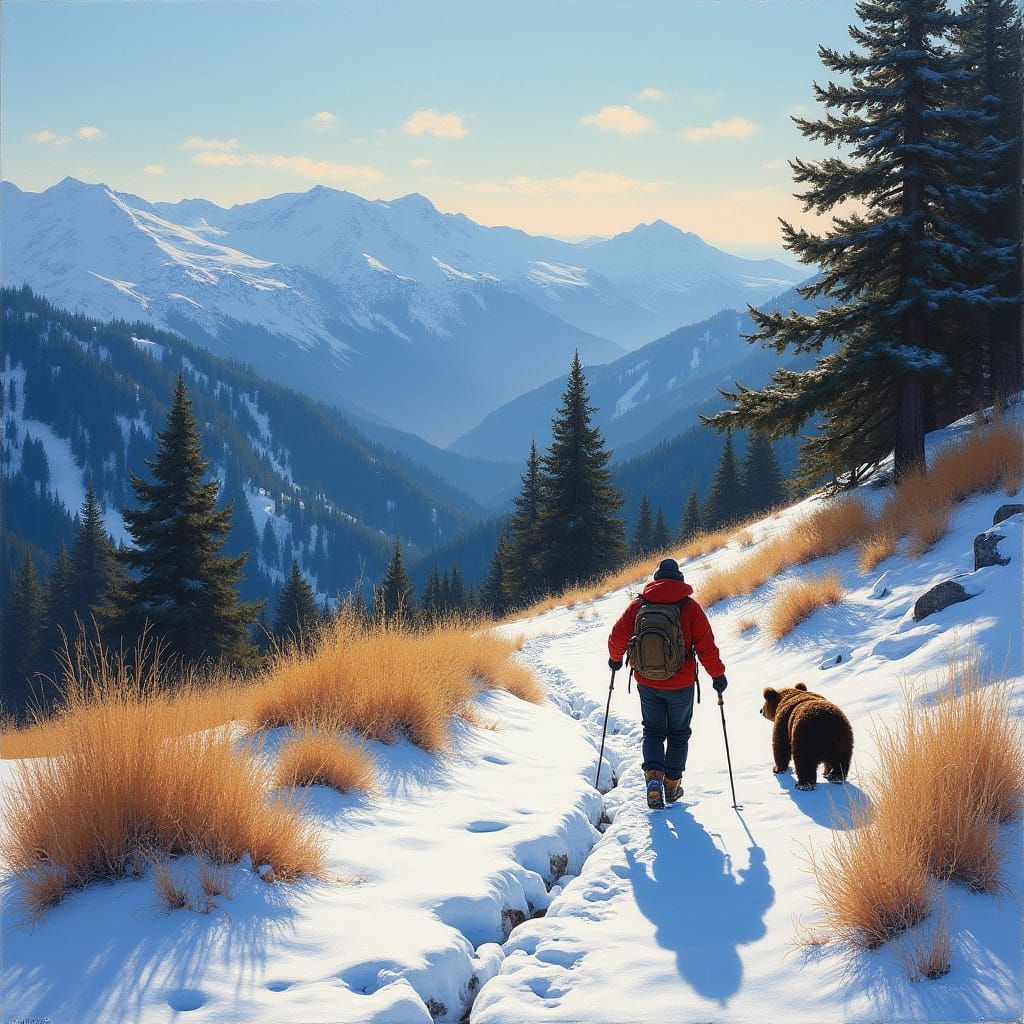 Solitary Hiker Encounters Bears in Sierra Nevada Oil Paintin...