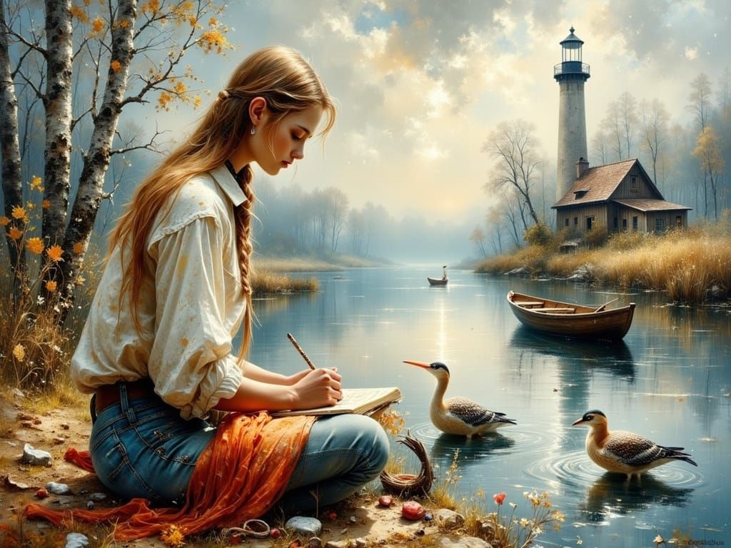 Artist Paints Lakeside Scene with Fishing Nets and Lighthous...