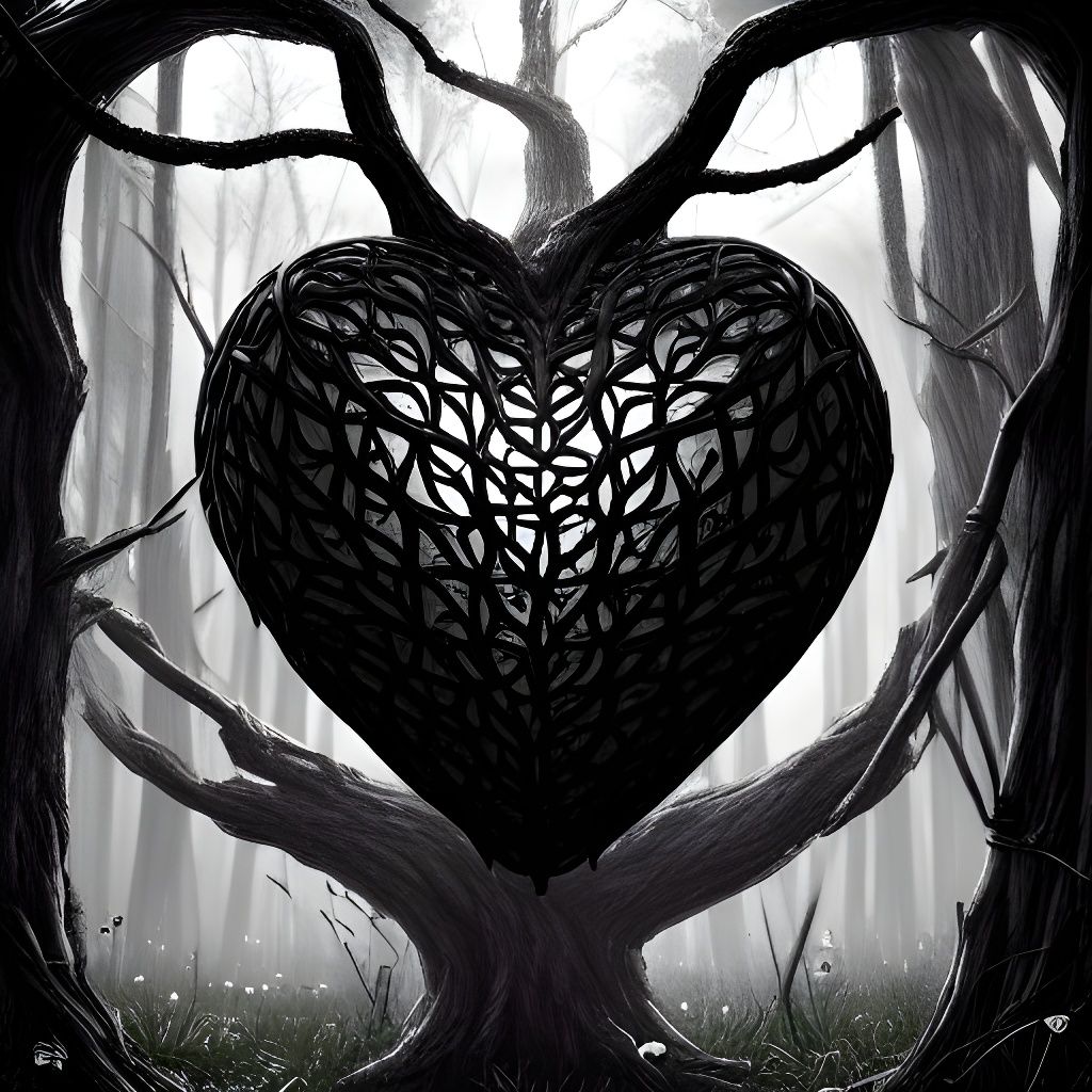 Detailed Heart Sculpture in Forest, Digital Art