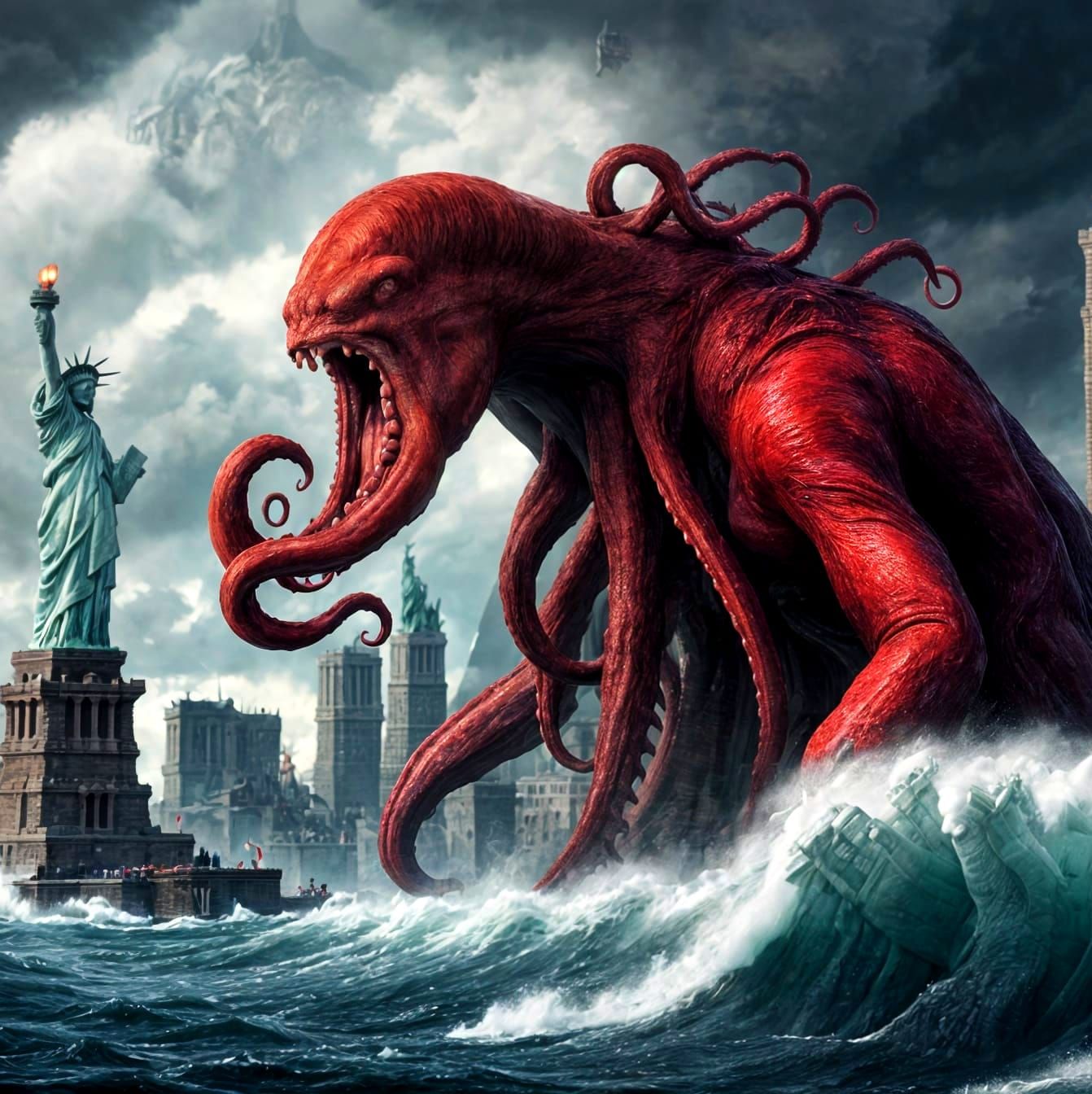 Giant Red Kraken Attacks the Statue of Liberty in a Dark, St...