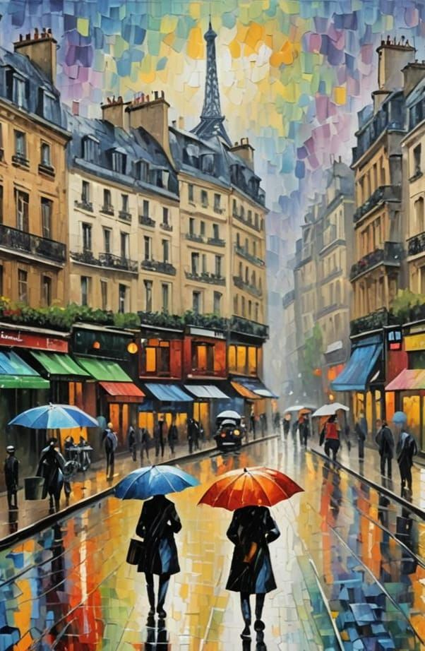 Paris in the Rain: Neo-Impressionist Oil Painting