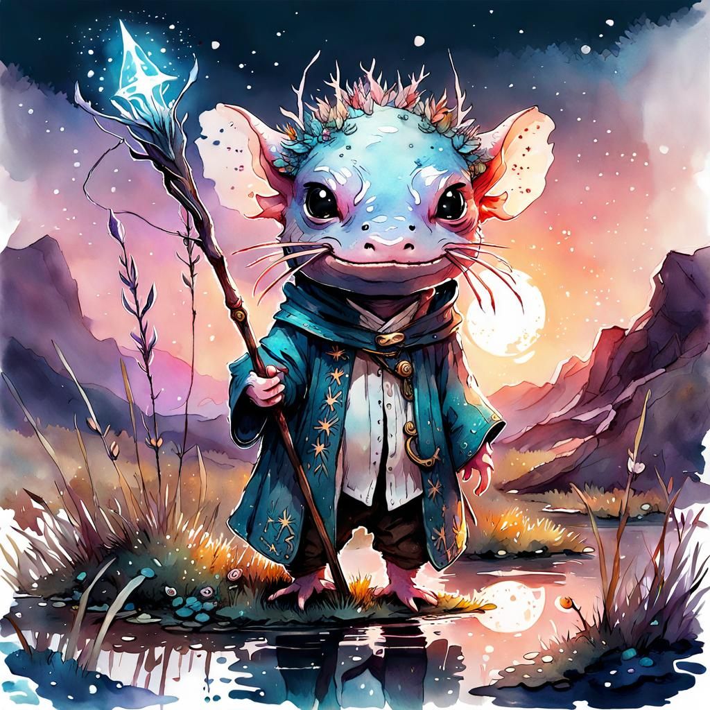 Chibi Axolotl Wizard in Meadow at Night