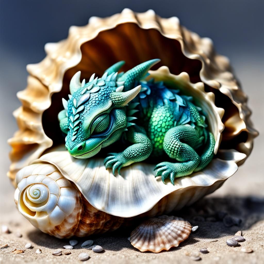 Tiny Dragon Sleeping Peacefully in Seashell