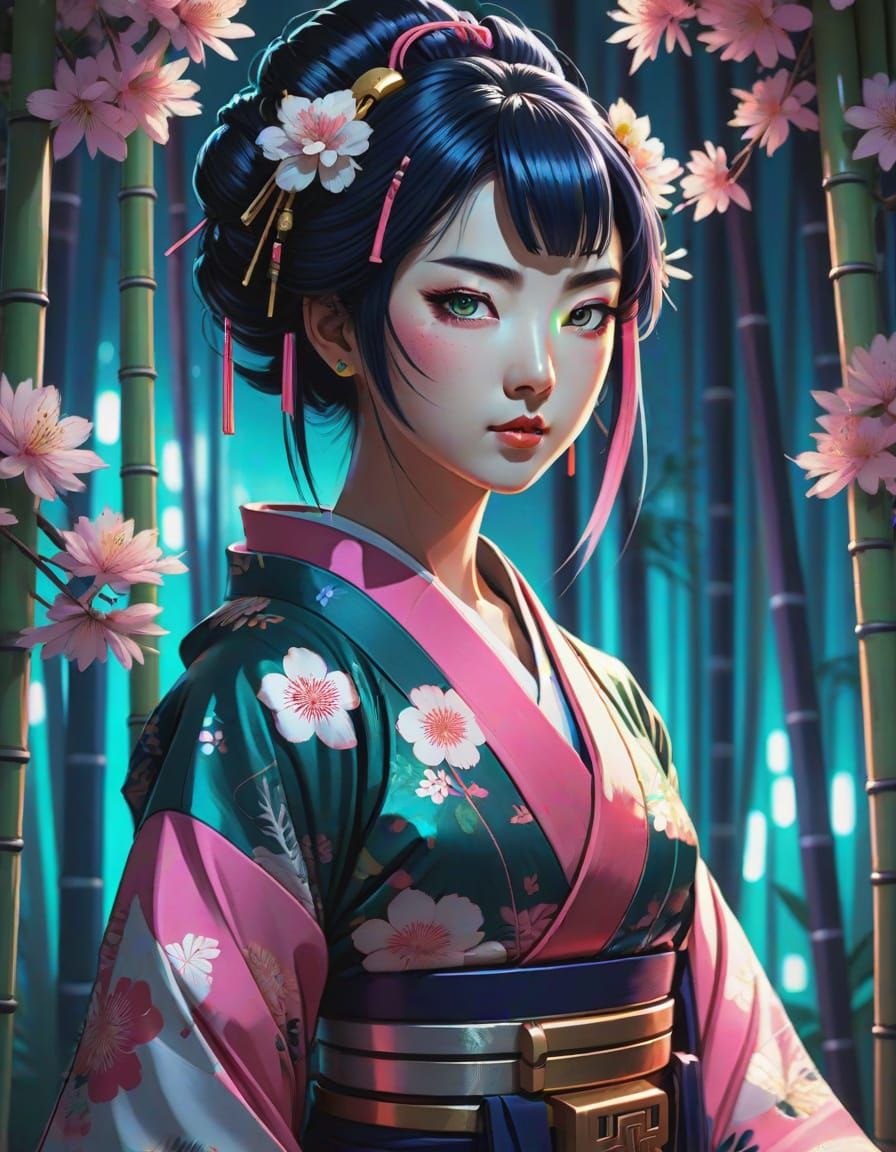 Tropical Geisha Portrait in Anime Style
