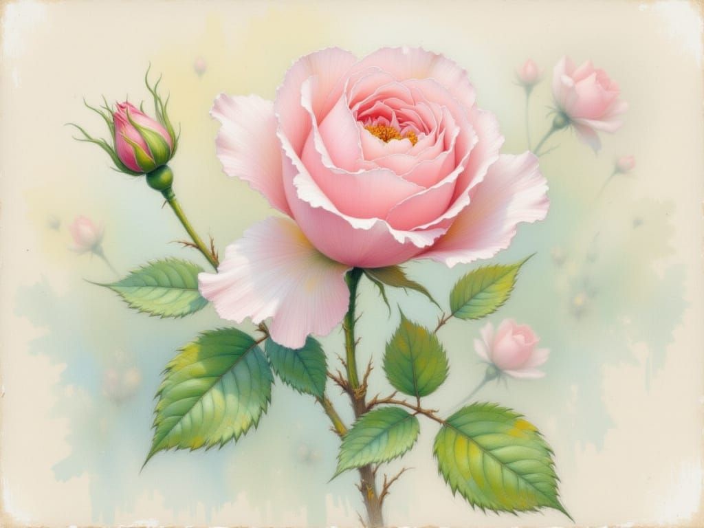 Soft Pastel Rose Bud Drawing with Cracked Texture