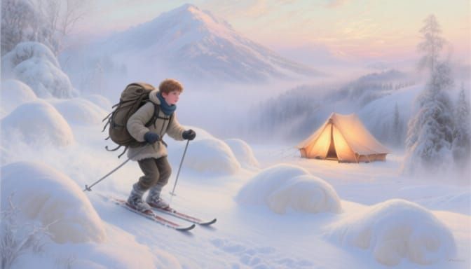 Tourist Braving Frosty Ural Mountain Skiing Adventure