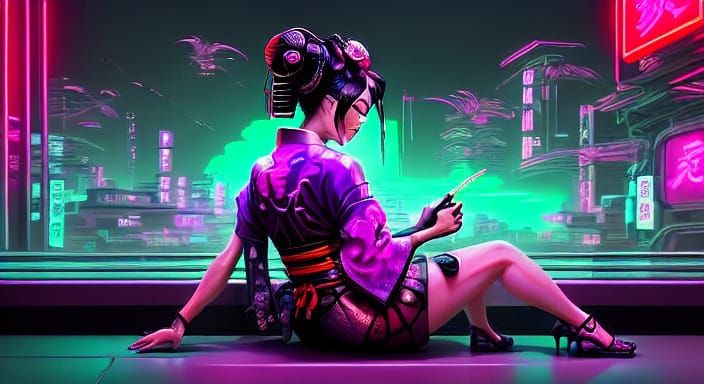 Neon geisha futuristic world