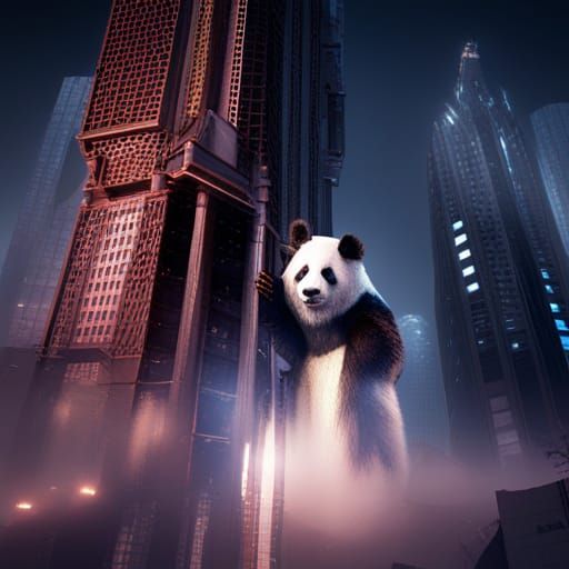 Panda Hugs Skyscraper: Detailed Matte Painting