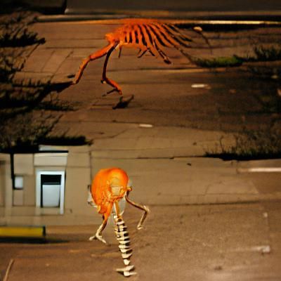 Stylized Alien Skeleton in Futuristic Street