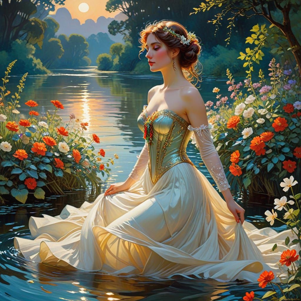 Romantic Evening Gown Scene in Art Nouveau Style