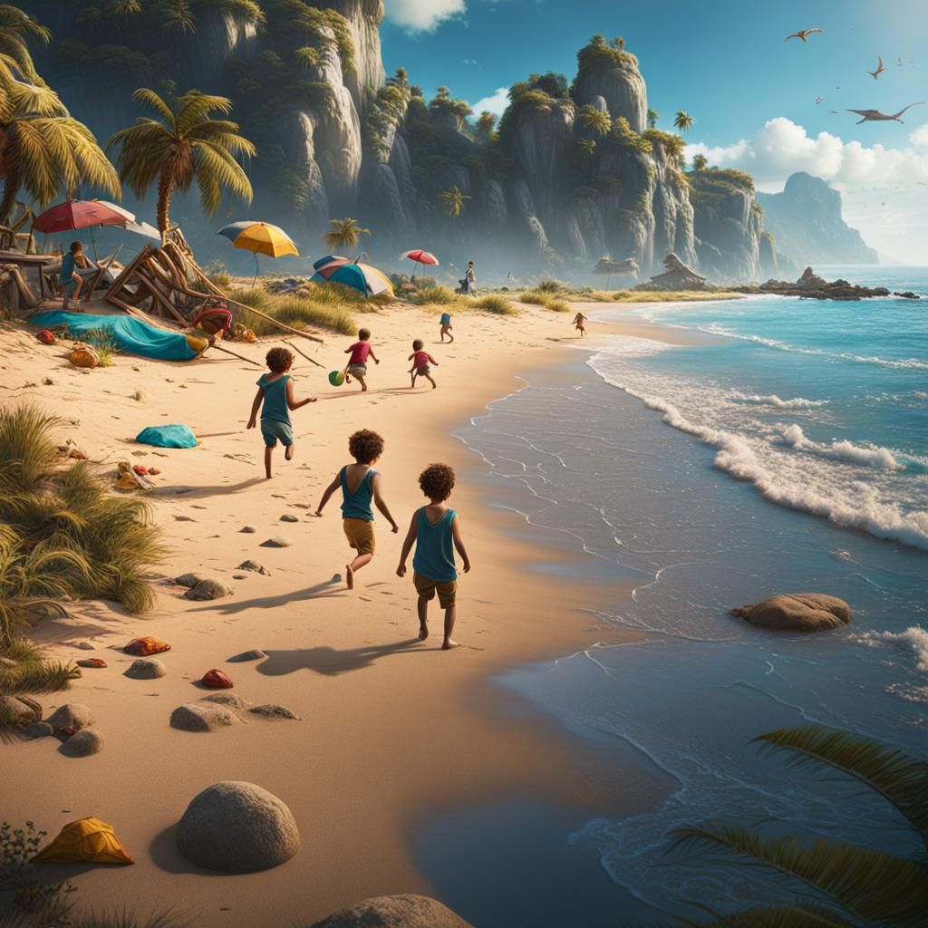 Children's Beach Day: Detailed Fantasy Concept Art