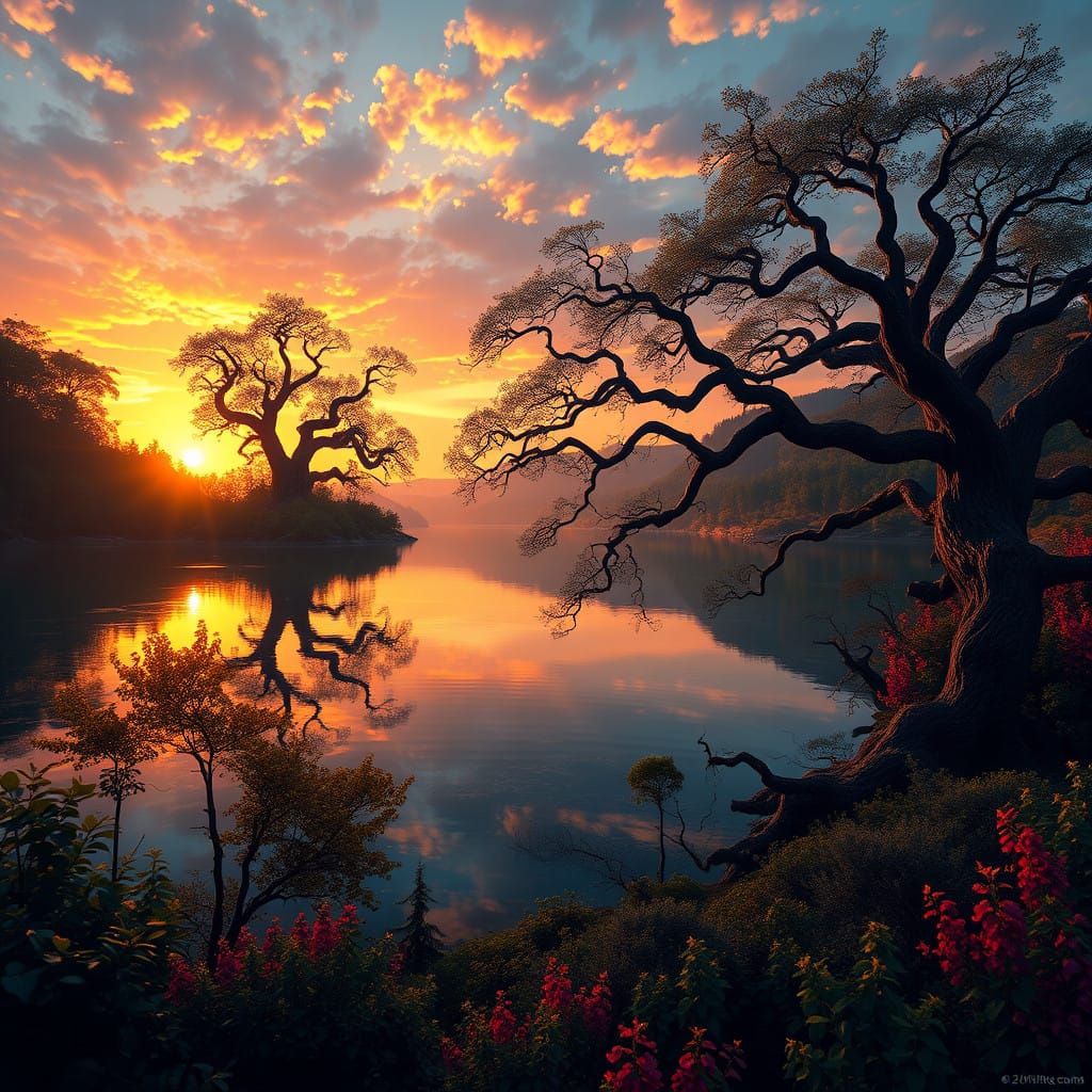 Golden Dusk on a Serene Lake