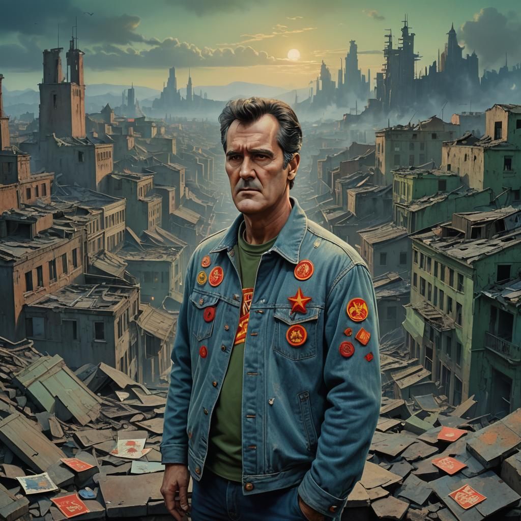 Bruce Campbell in Ruined Cityscape, Matte Painting