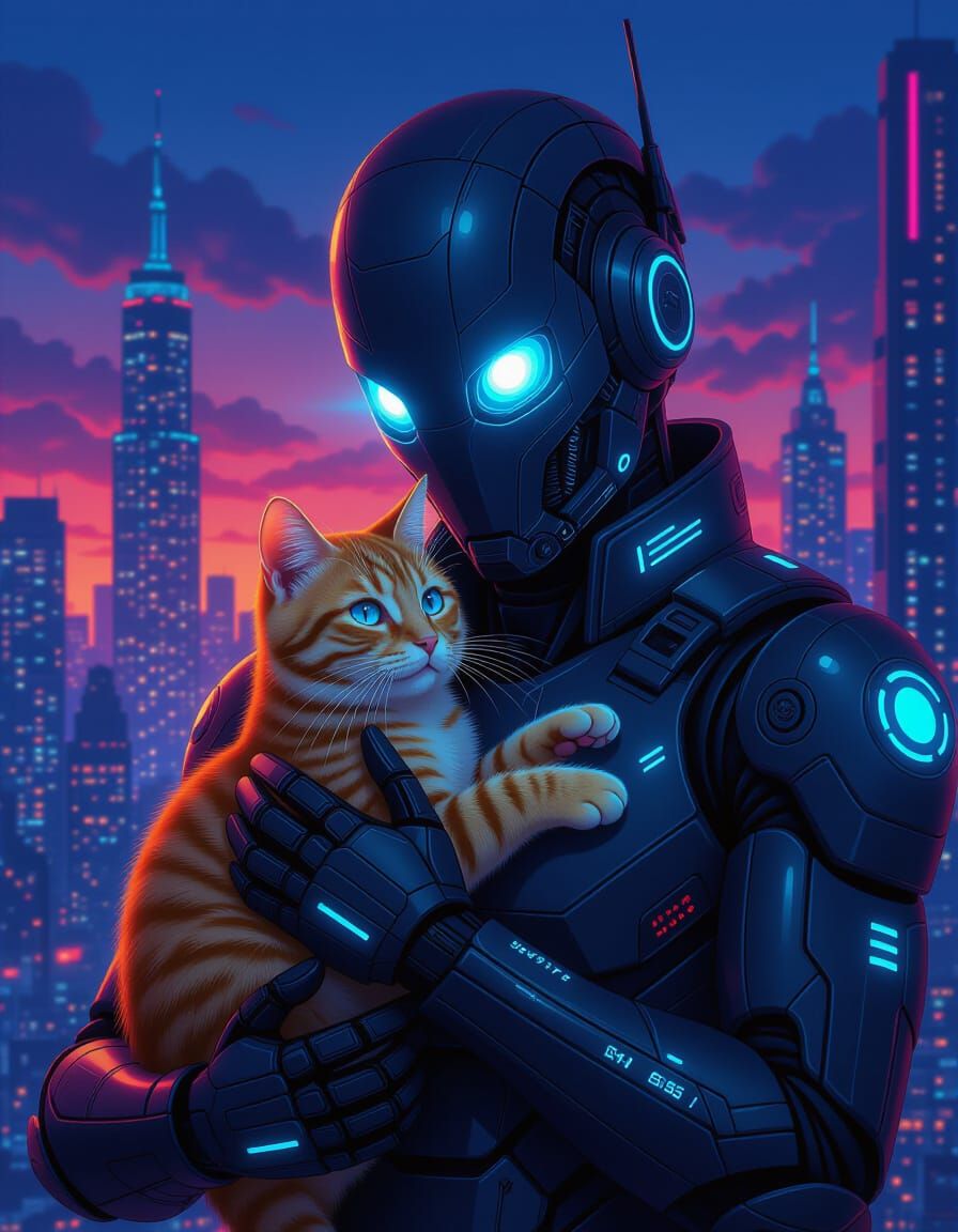 Android Holds Ginger Cat in Cyberpunk City