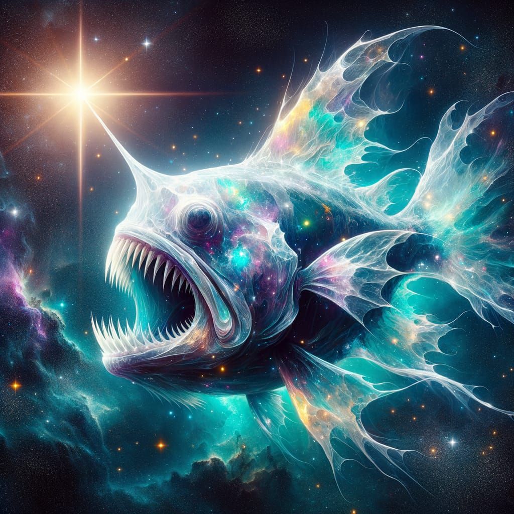 Anglerfish Swims Through Nebula in Neon Style