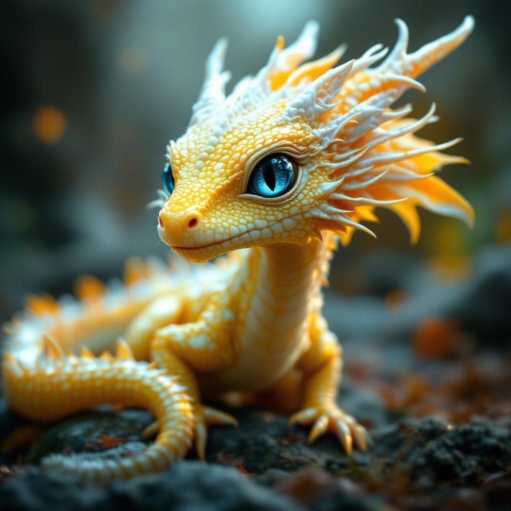 Glowing Yellow Dragon with Blue Eyes