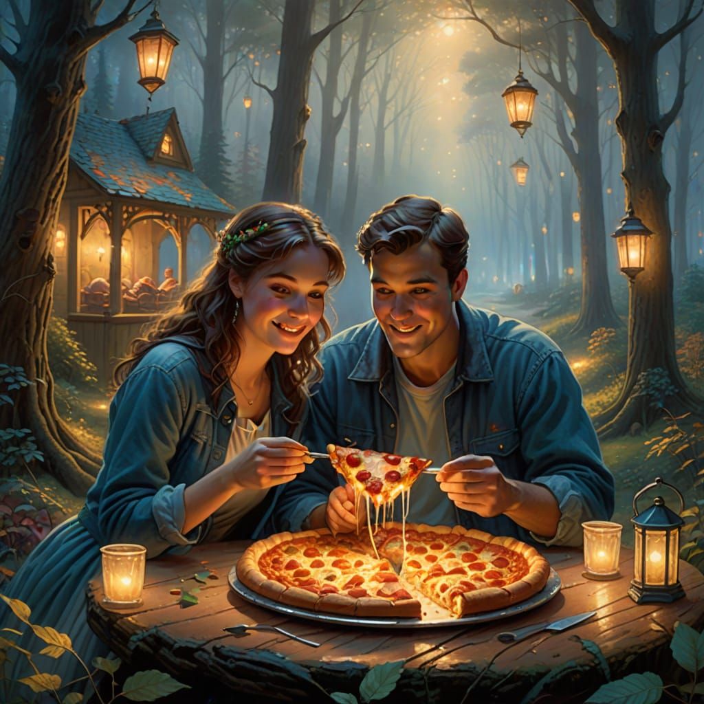 Couple Eats Pizza in Misty Forest, Thomas Kinkade Style