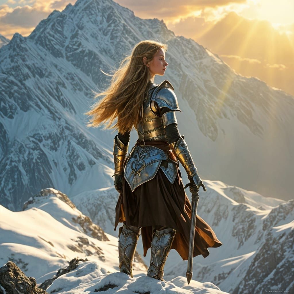 Half-Elf Warrior on Snowy Peak in Fantasy Style