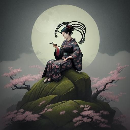 Seductive Spider Woman in Muted Traditional Japanese Art