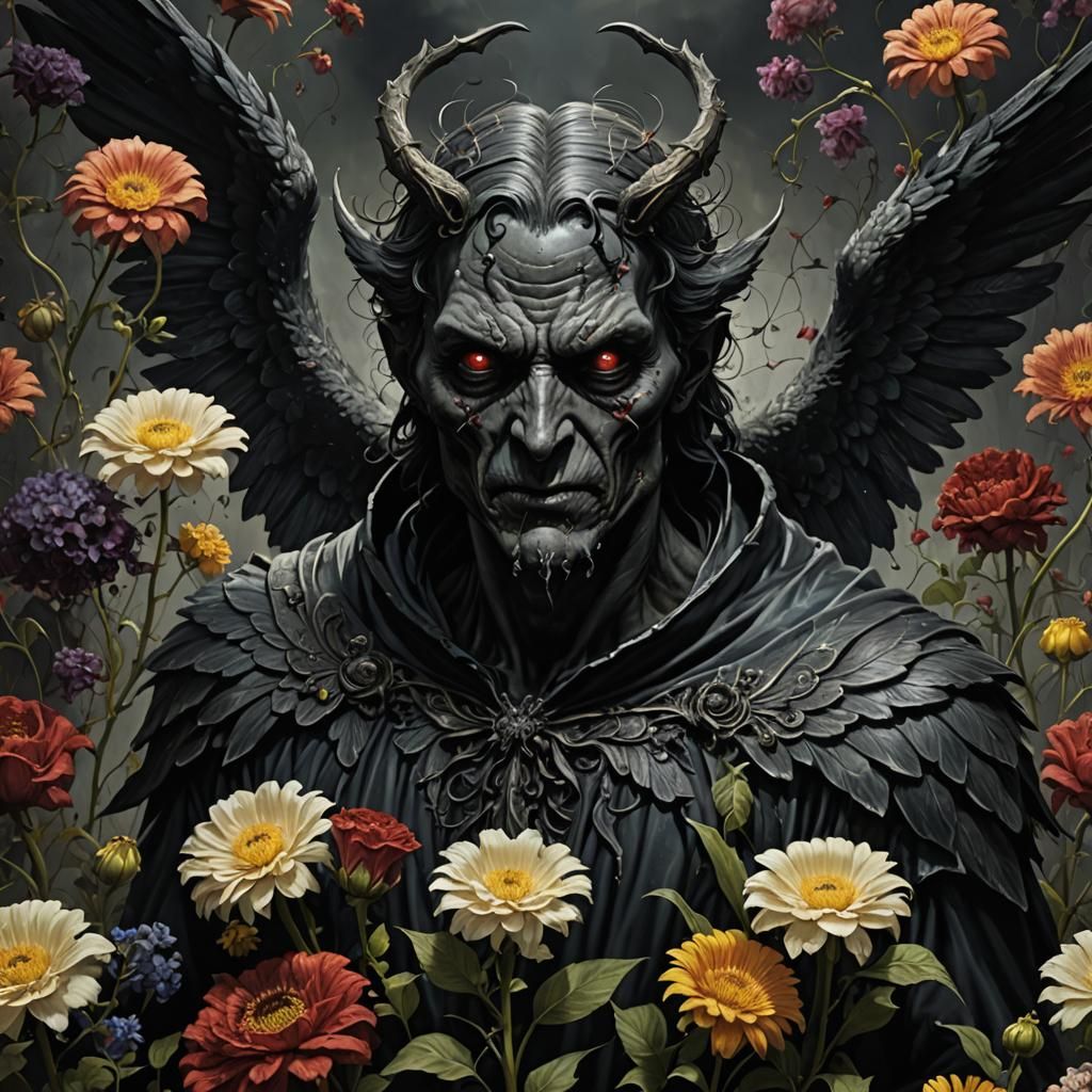 Dark Horror Angel in a Flower Garden