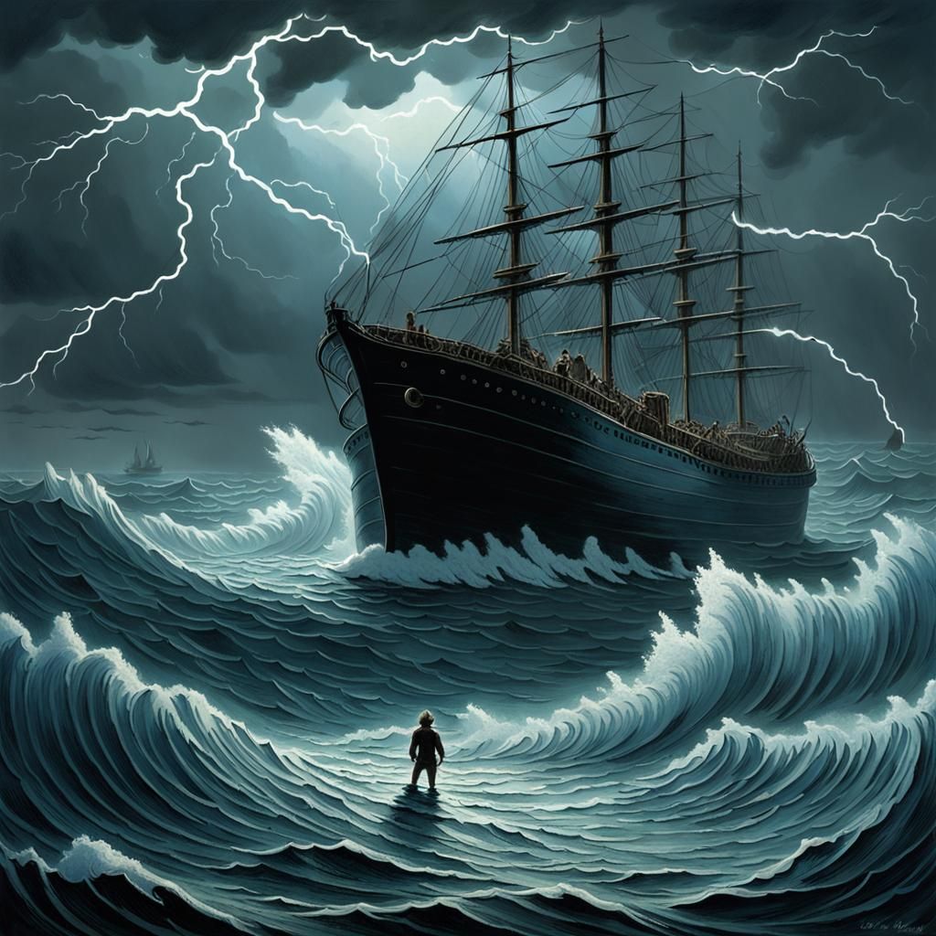 Ship in Stormy Seas Watched by Mermaids
