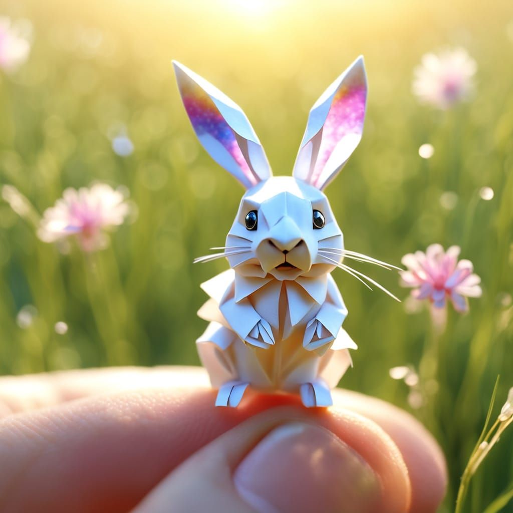 Tiny Rabbit on Finger in Sunny Meadow as Origami Papercraft