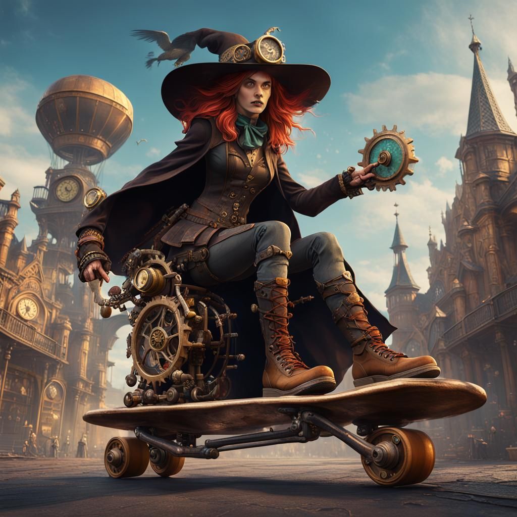 Steampunk Witch on Skates: Detailed Matte Painting