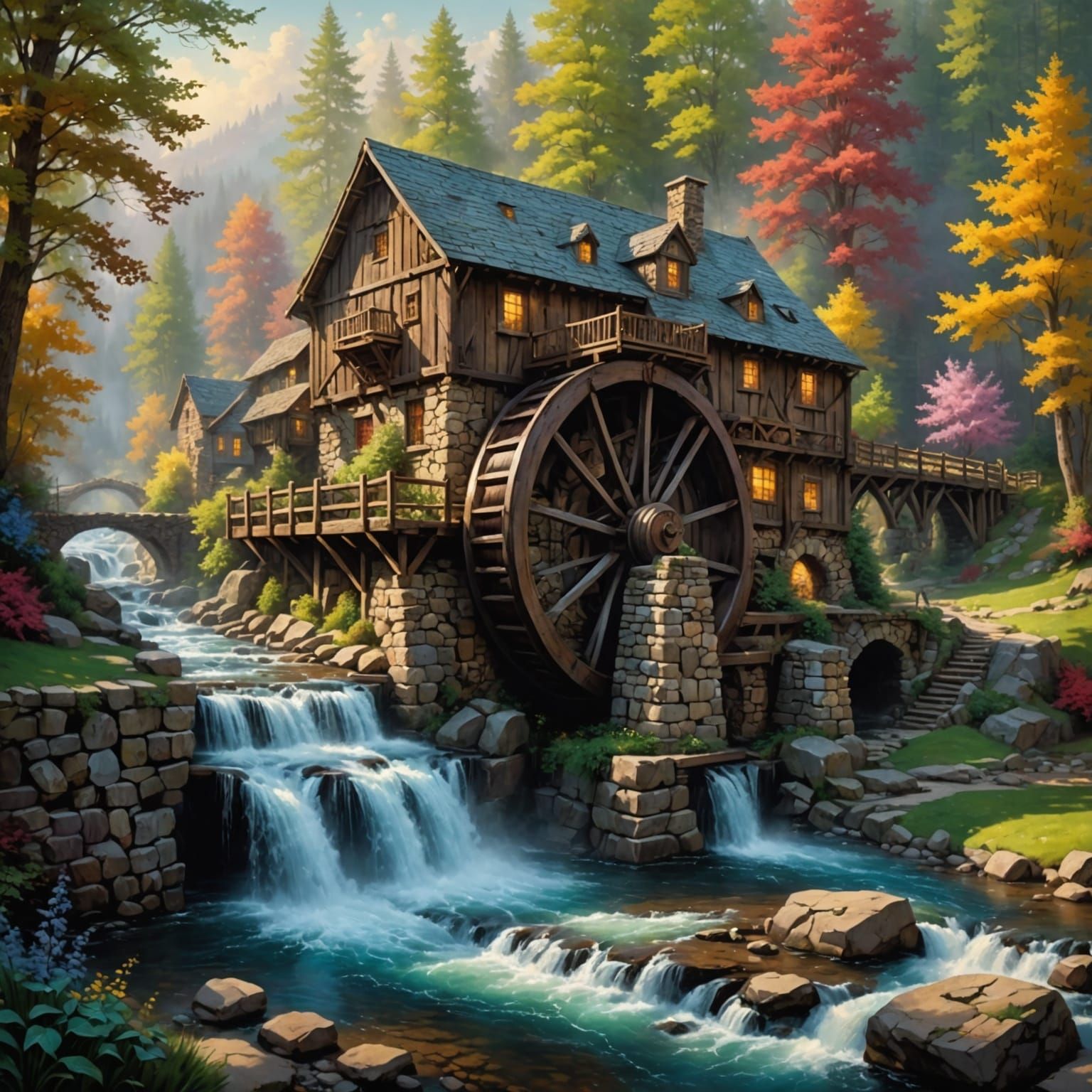 Whimsical Water Wheel in a Mystical Mill Scene