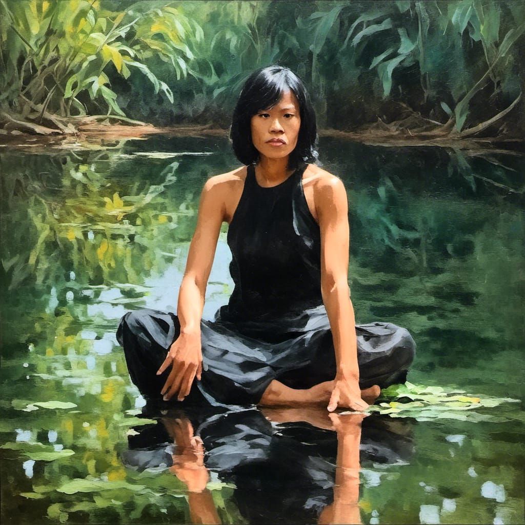 Impressionist Woman Reflecting in Nature, Oil Painting