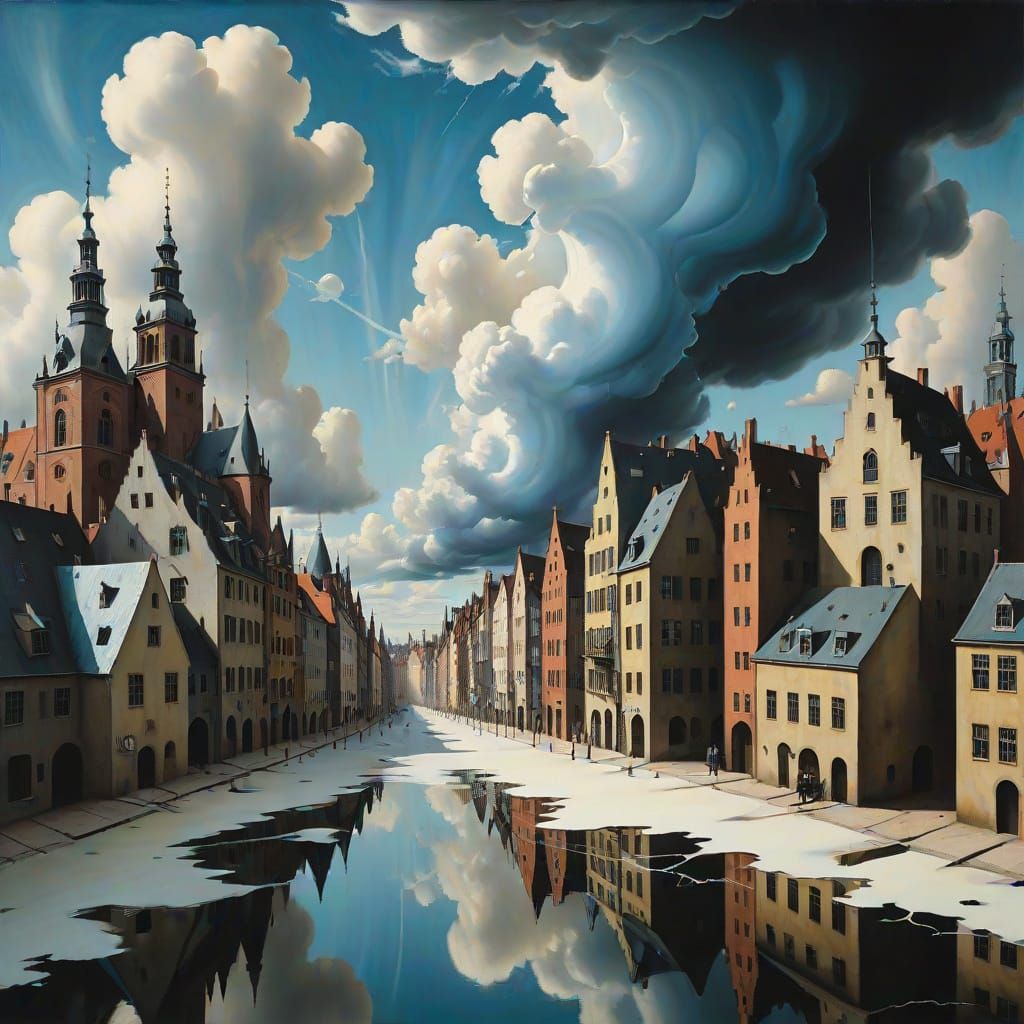 Cityscape Split by Duality: Gloomy Rain Meets Sunny Skies