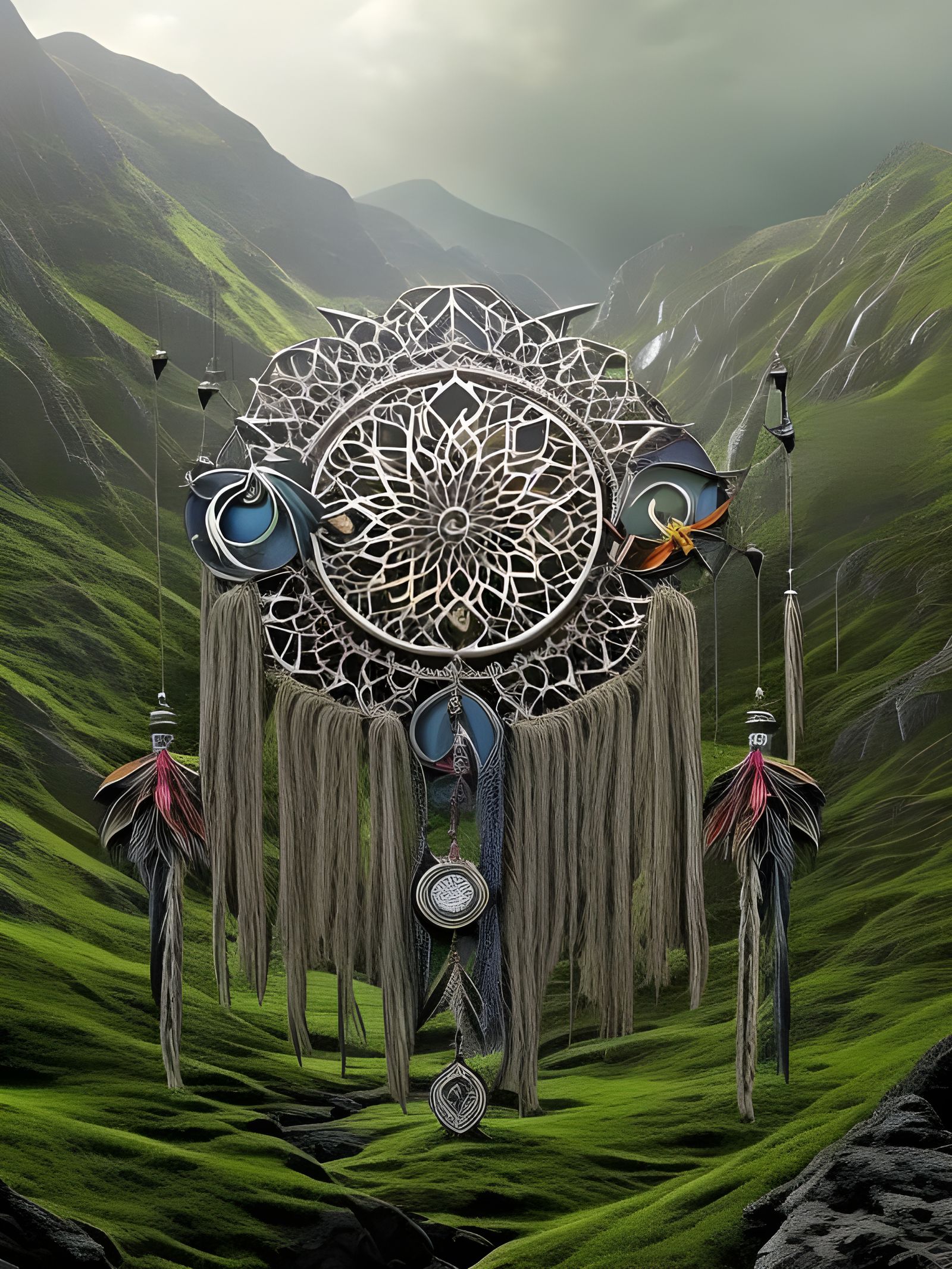 Intricate Multicolored Dreamcatcher in Dark Fantasy Landscap...