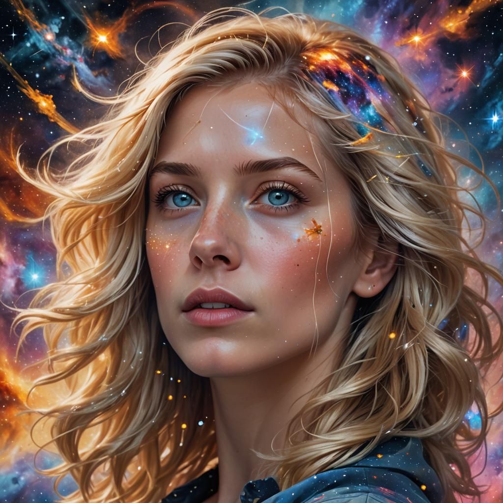 Woman Gazing Through Telescope in Cyberpunk Style