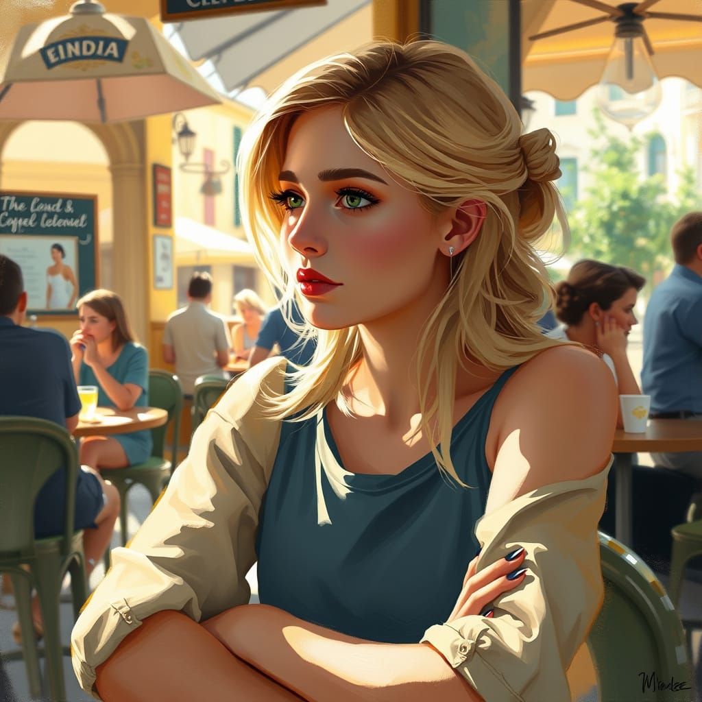 Zahia in Sunlit Cafe, Soft Impressionism