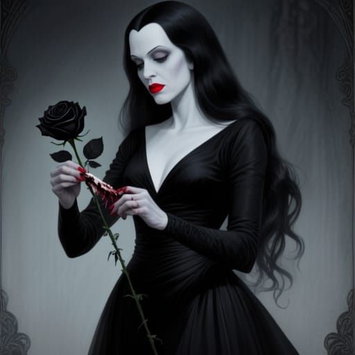 Morticia Addams Decapitates Rose in Neo-Gothic Style