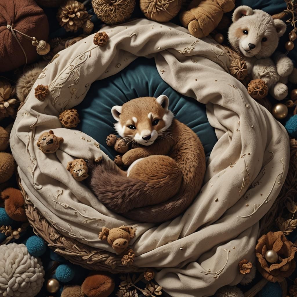 Weasel Sleeping with Stuffed Animal in Matte Painting Style