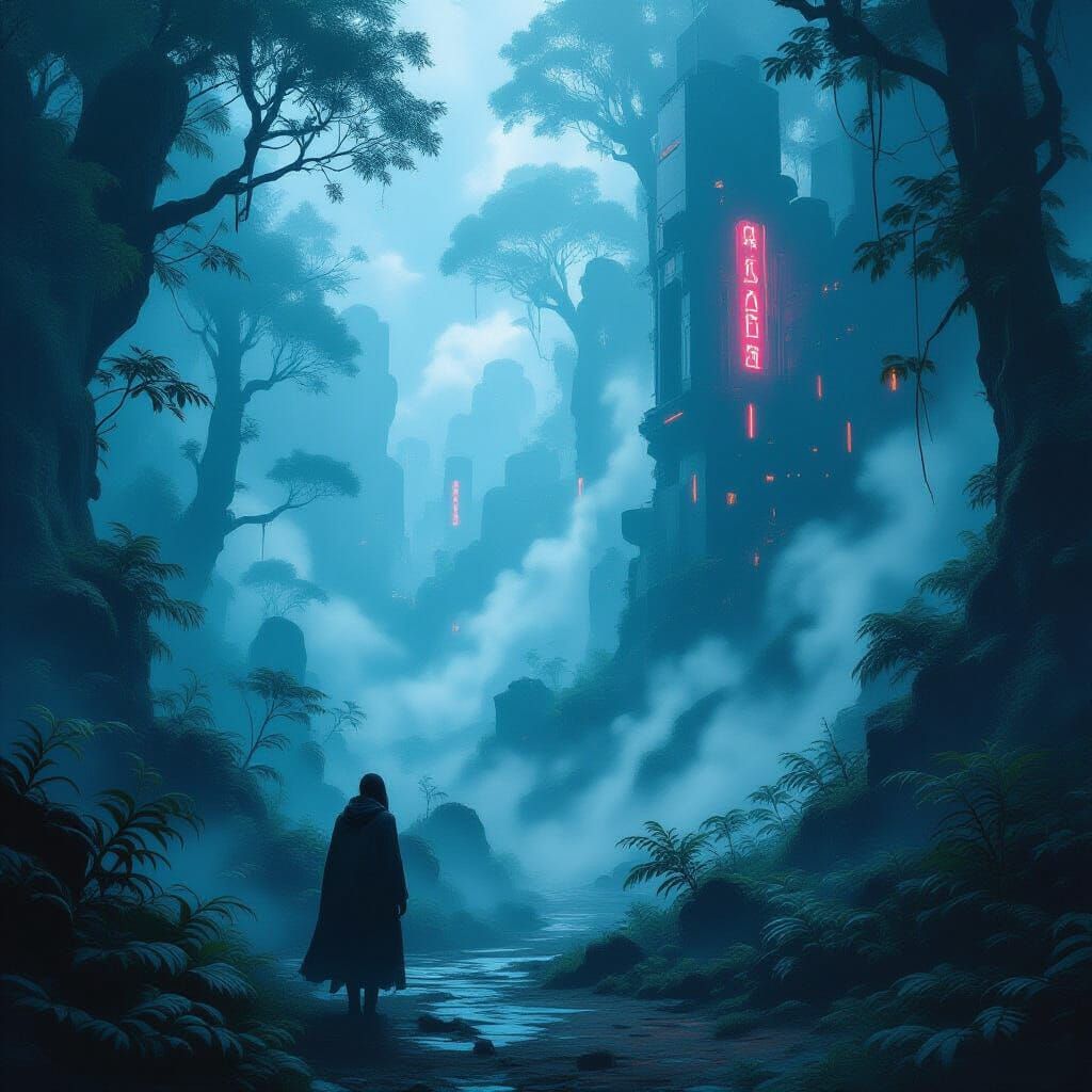 Mysterious Dreamlike Forest with Neon Glow