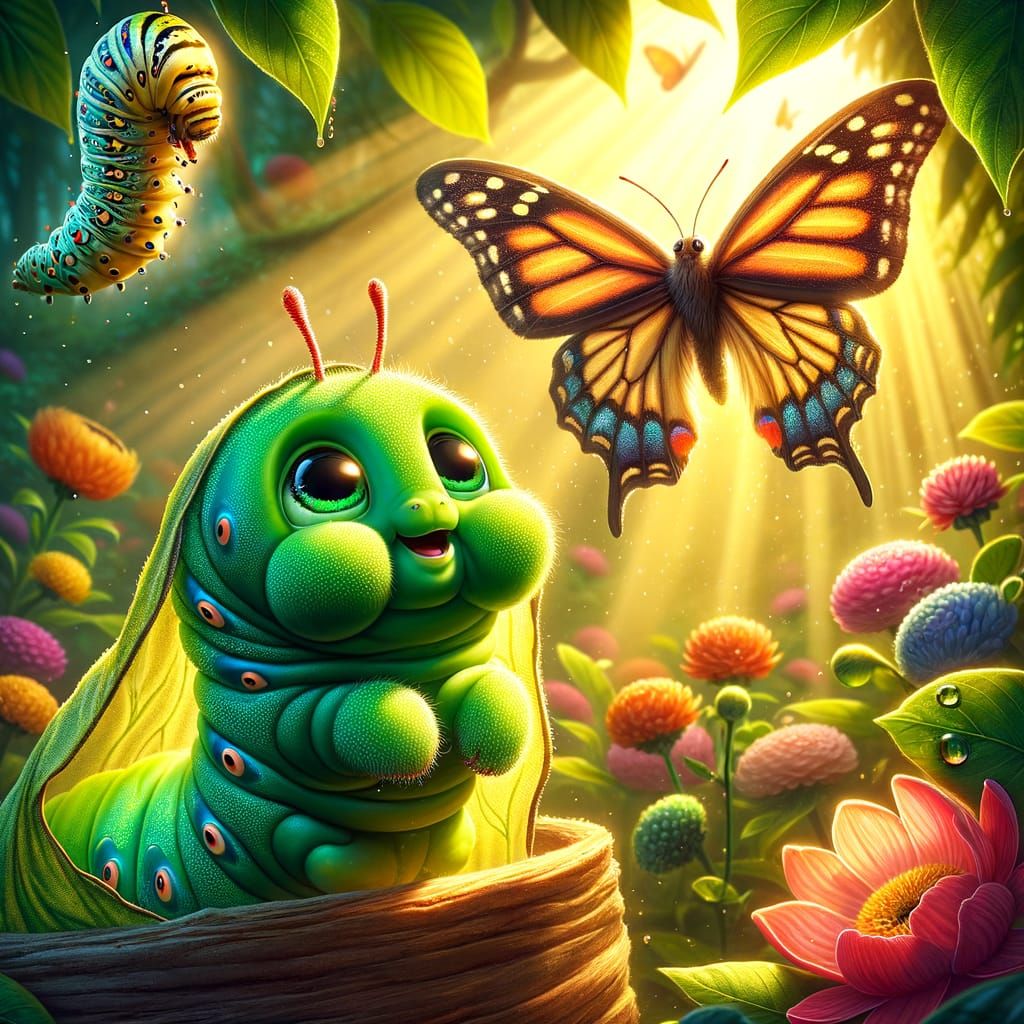 Caterpillar's Awe: Butterfly Emergence in Sunlit Garden