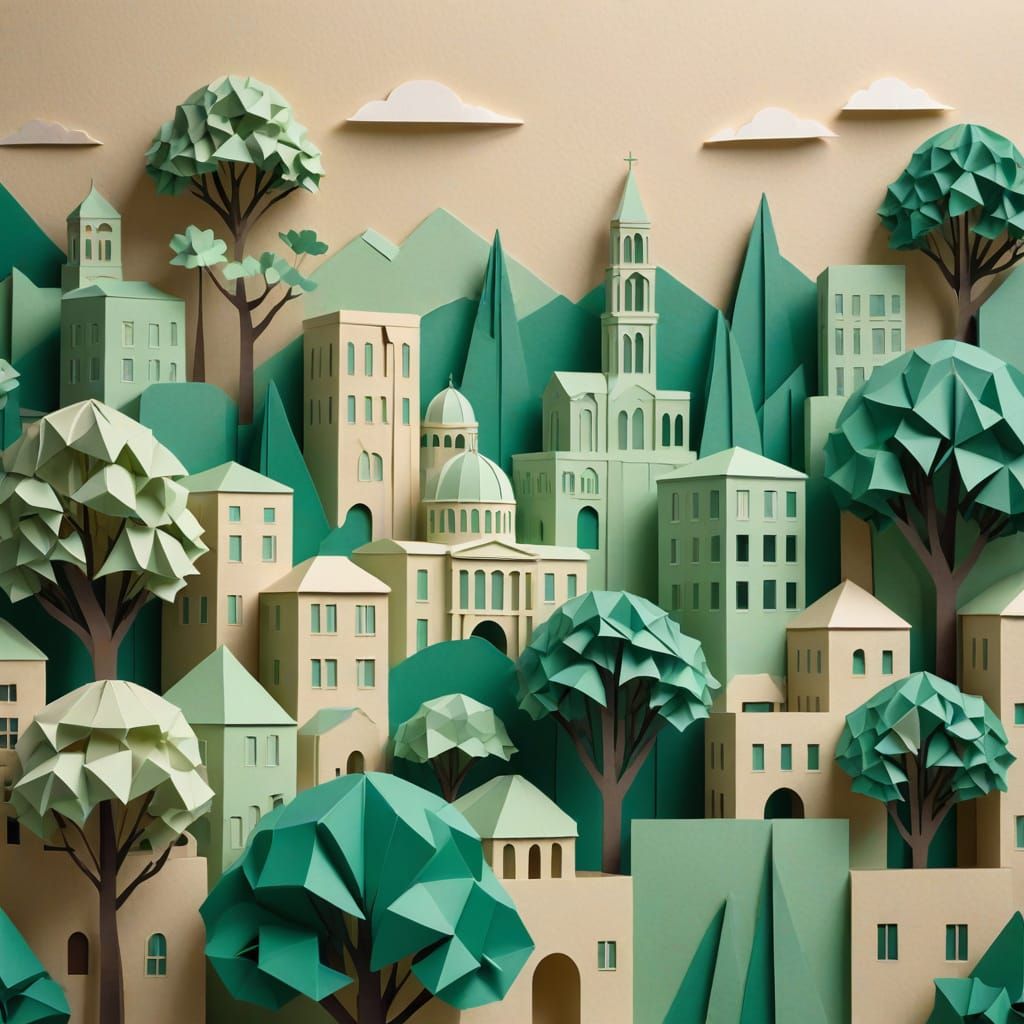 Minimalist Athens Cityscape in Art Nouveau Papercraft Style