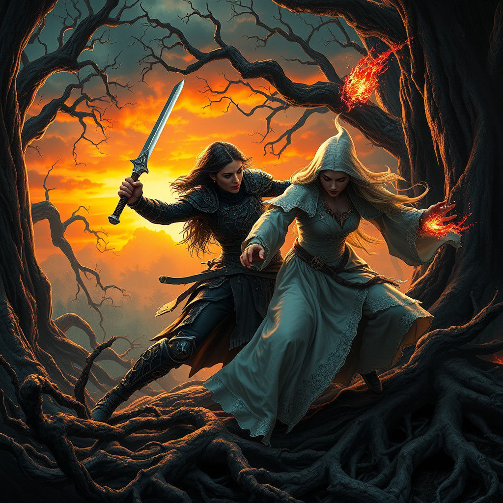 Warrior Strikes Sorceress in Ancient Forest: Matte Painting