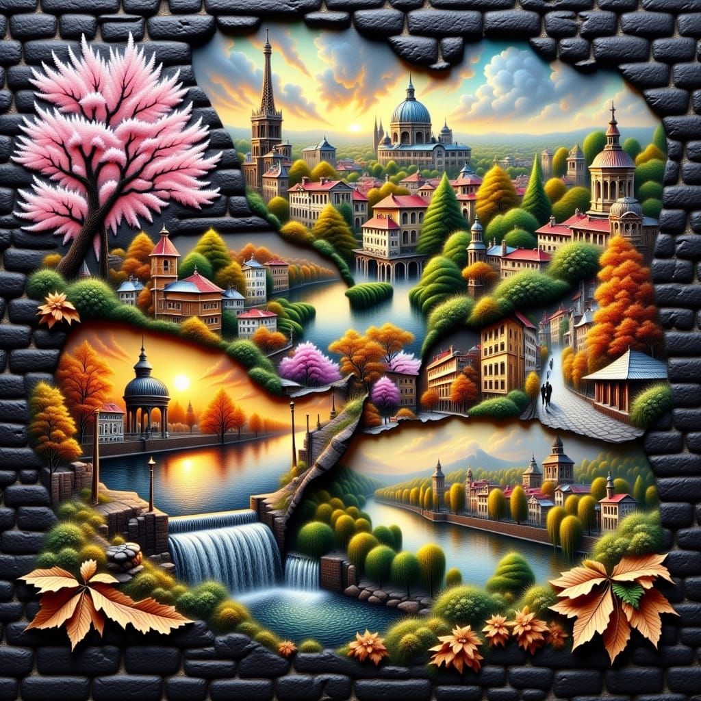 Abstract Collage Artwork in Layered Seasonal Panoramas