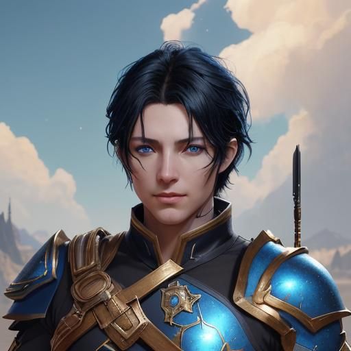 Fantasy Hero and Golden Army in Summer Sky