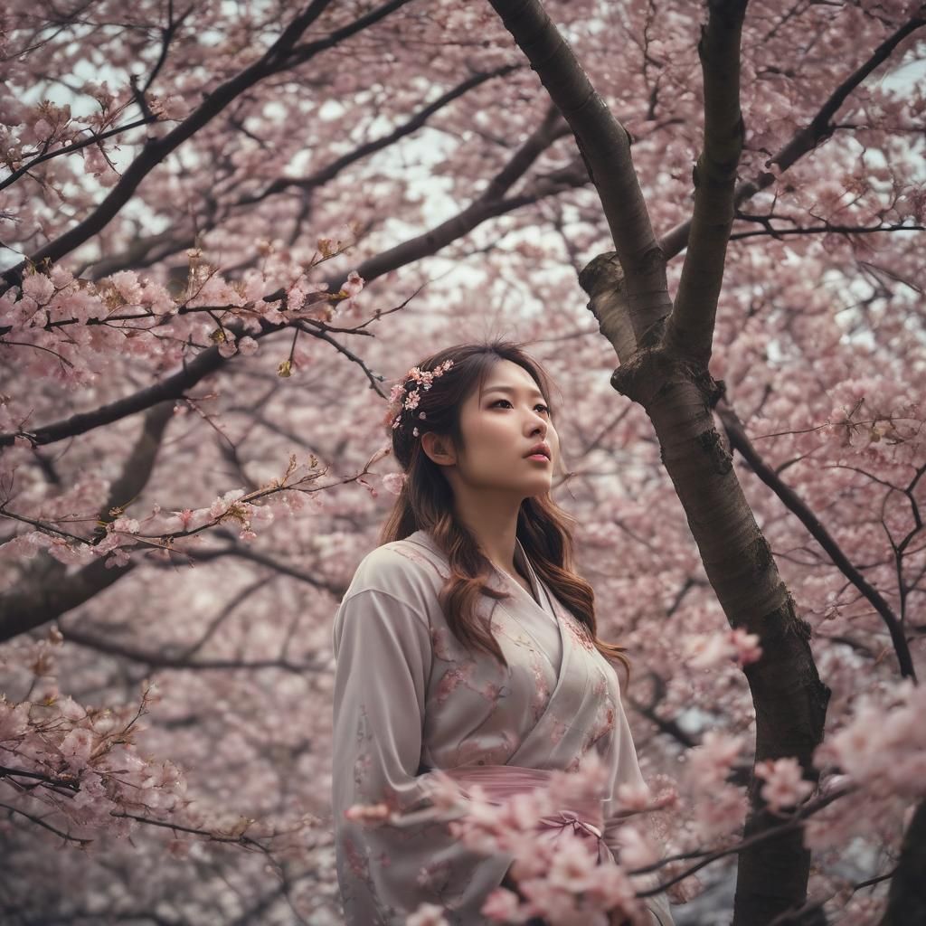Detailed Cherry Blossom Portrait in Japanese Style