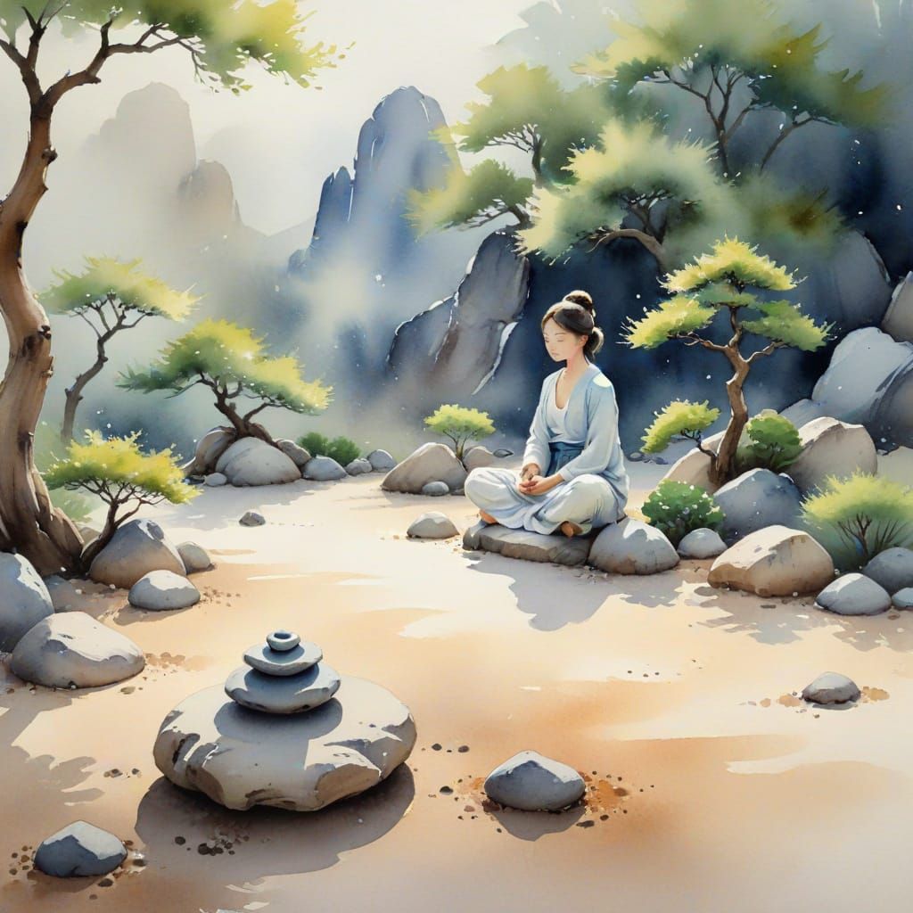 From a bird's eye view, imagine a meticulously crafted zen g...