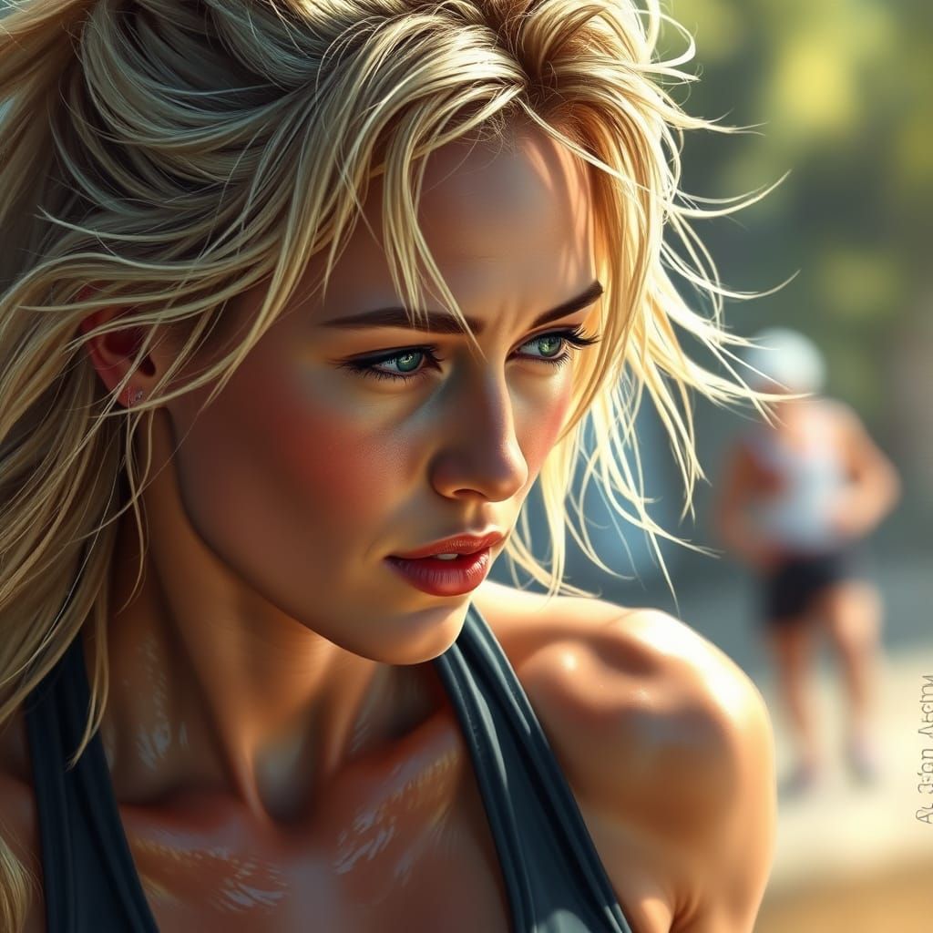 Sweaty Blonde Portrait with Bokeh, Oil Painting Style