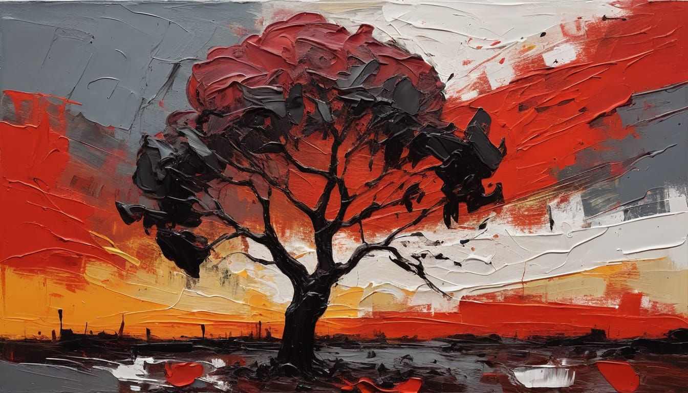 Neo-Expressionist Tree in Stark Landscape