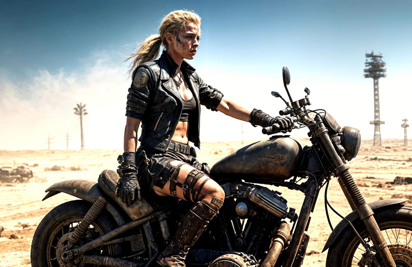 Motorcycle rider apocalyptic woman survivor .