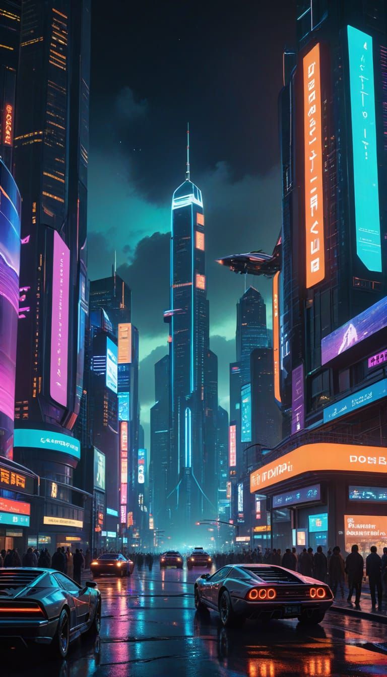 Cyberpunk Metropolis at Night: Neon and Flying Cars