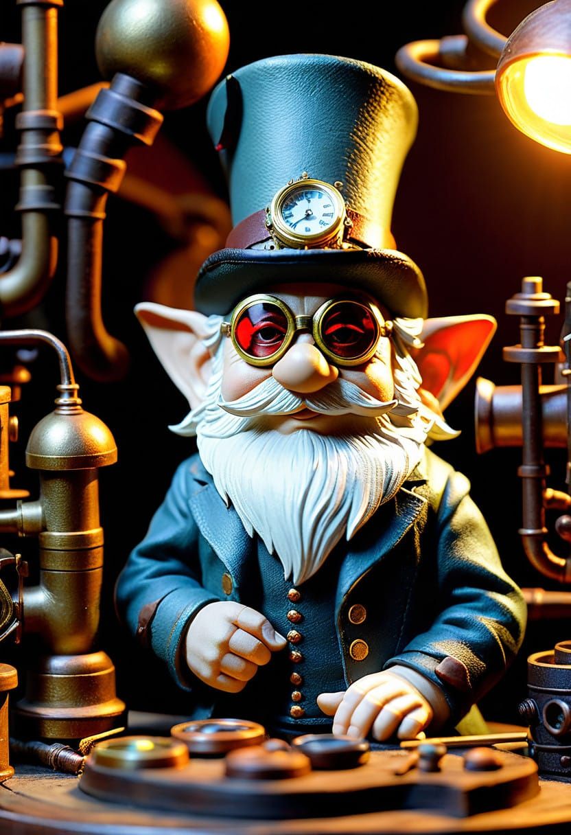 Steampunk Gnome Tinkerer in a Whimsical Workshop